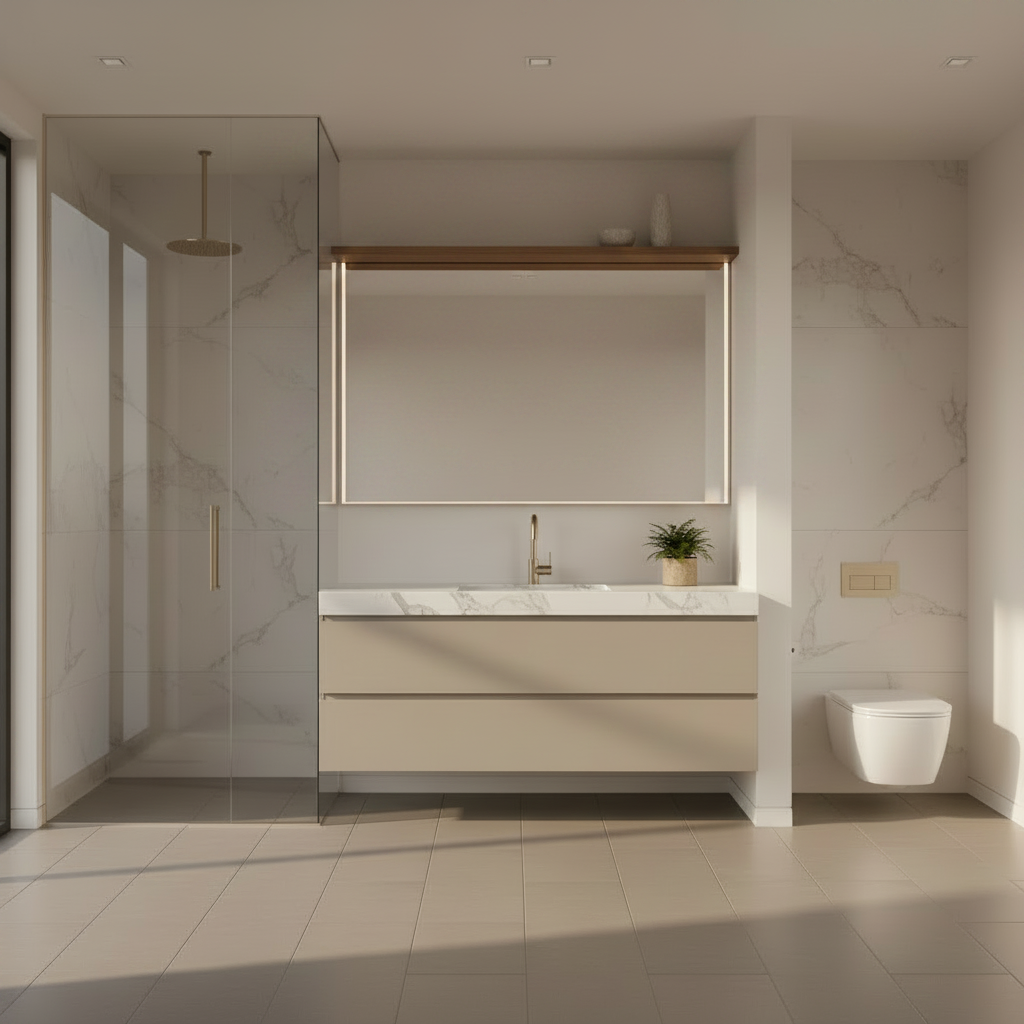 Baño con estantería subida y espejo