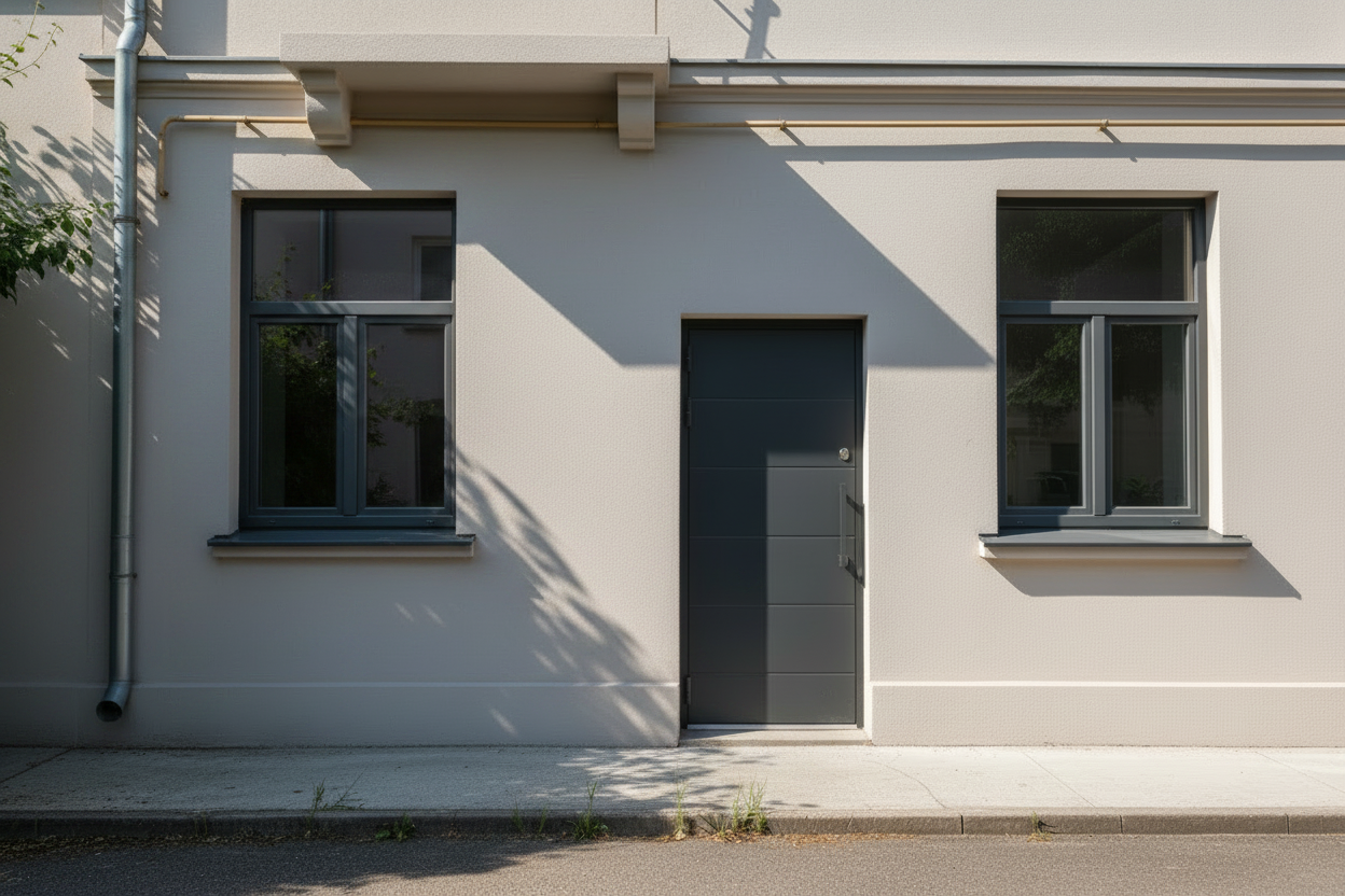 Fachada reformada sin vegetación con dos ventanas