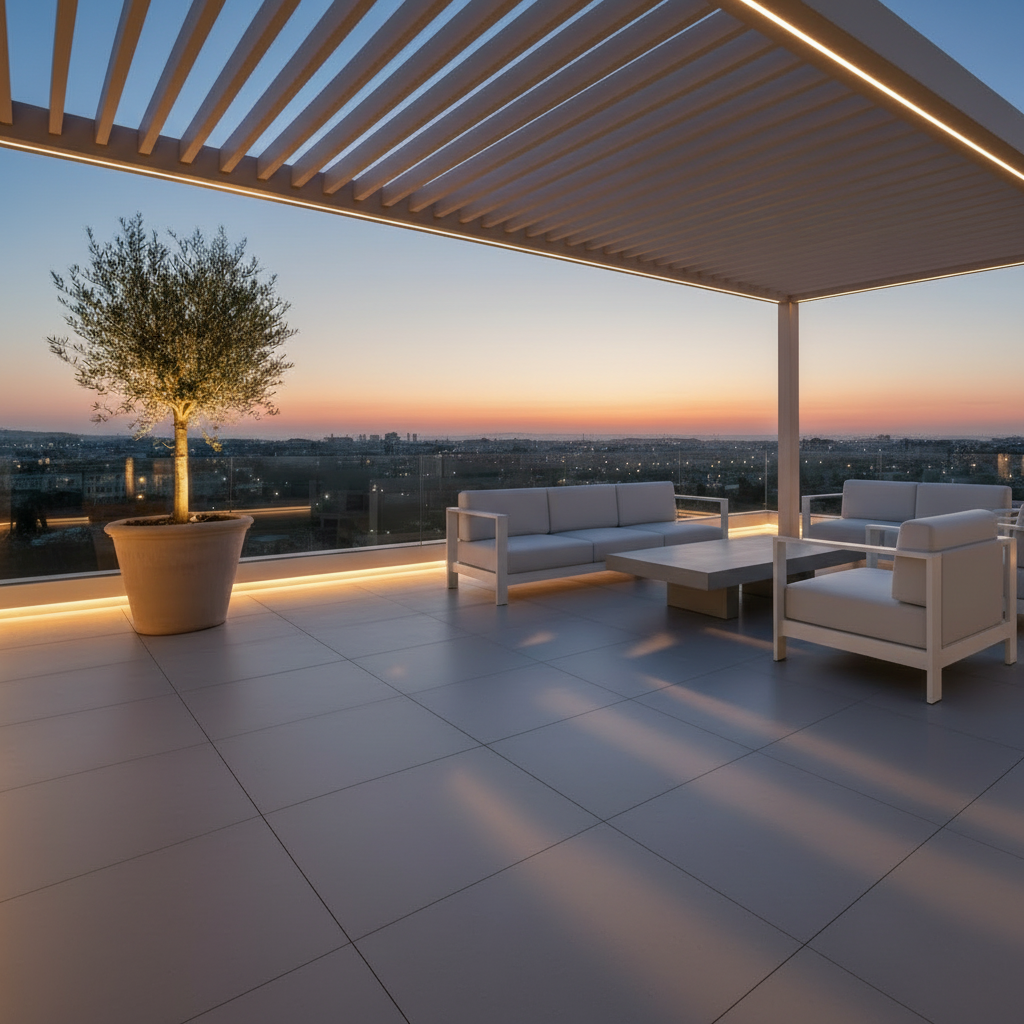 Terraza minimalista con pérgola cerrada e iluminación integrada
